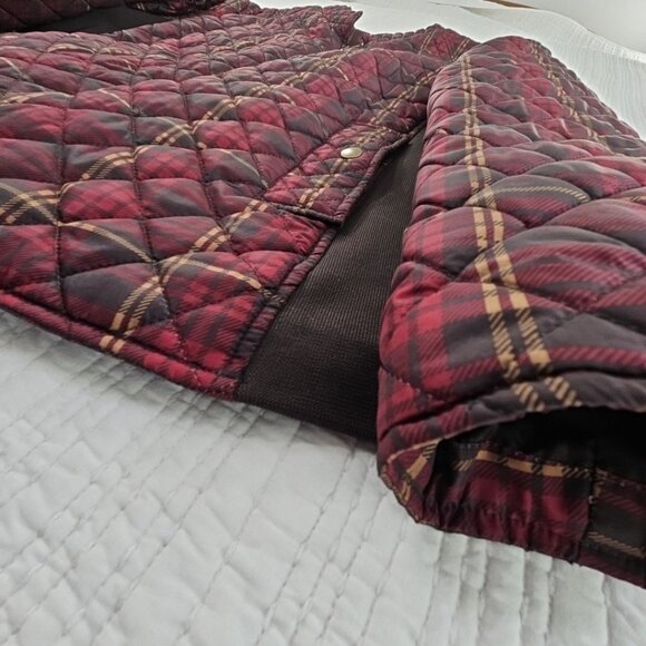 Women's Full Zip Puffer Jacket 3X (22W-24W) Maroon Plaid EUC Snap Pockets LS - Picture 3 of 14